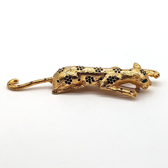 70s Spotted Leopard Brooch w Black Rhinestone Flowers Green Eyes Dangling Tail - Picture 11 of 13